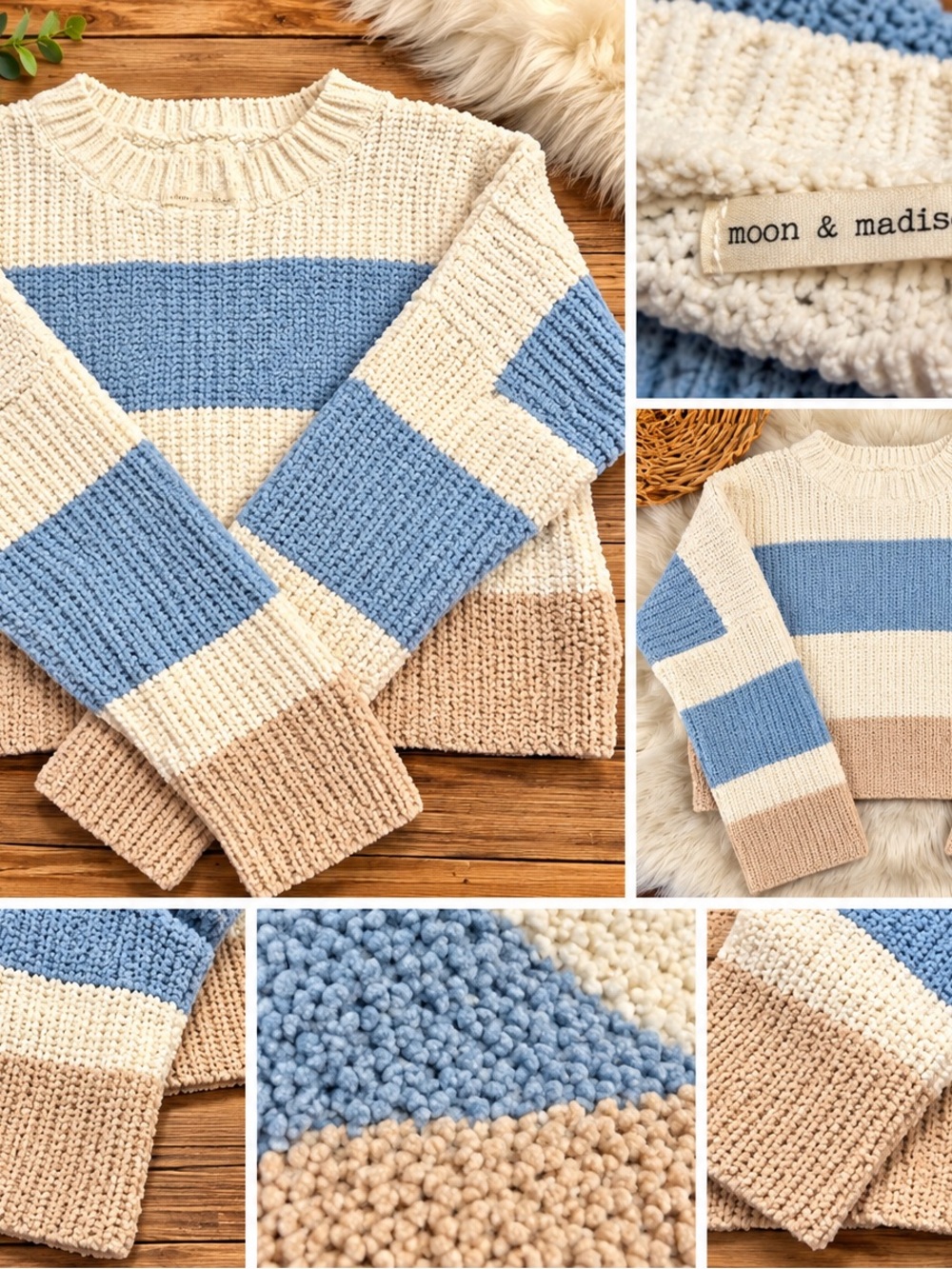 moon & madison Cream, Sky Blue & Tan Striped Crewneck Sweater